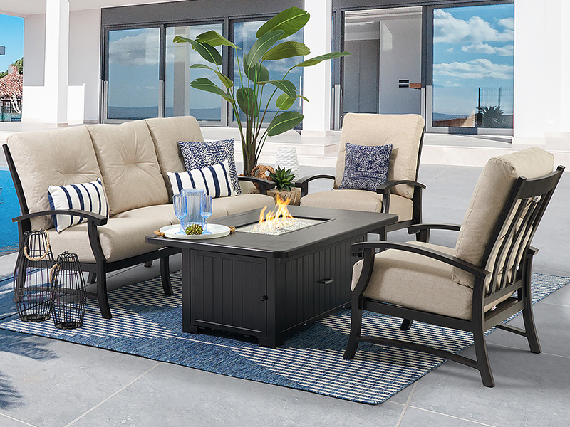Lodge i alderen bronse aluminium med puter 4 stykke dyp sittegruppe med brannkasse